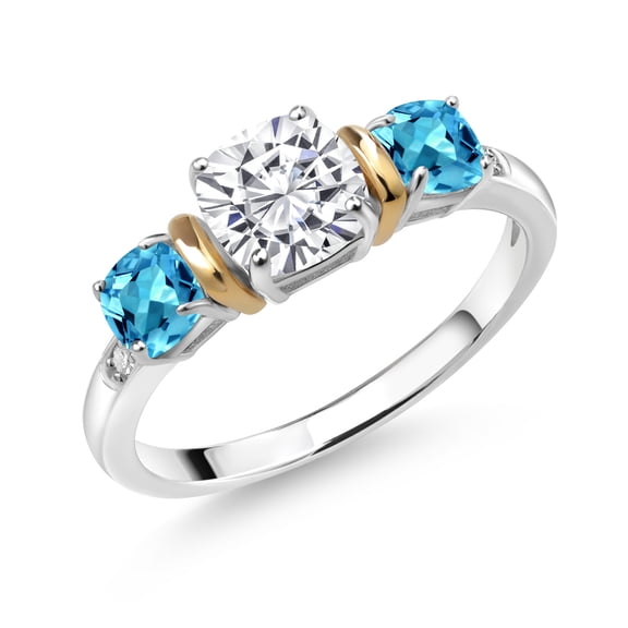 Gem Stone King 925 Silver and 10K Yellow Gold 3-Stone Diamond Ring Set with Cushion Moissanite and Topaz (1.85 Cttw, Size 6)