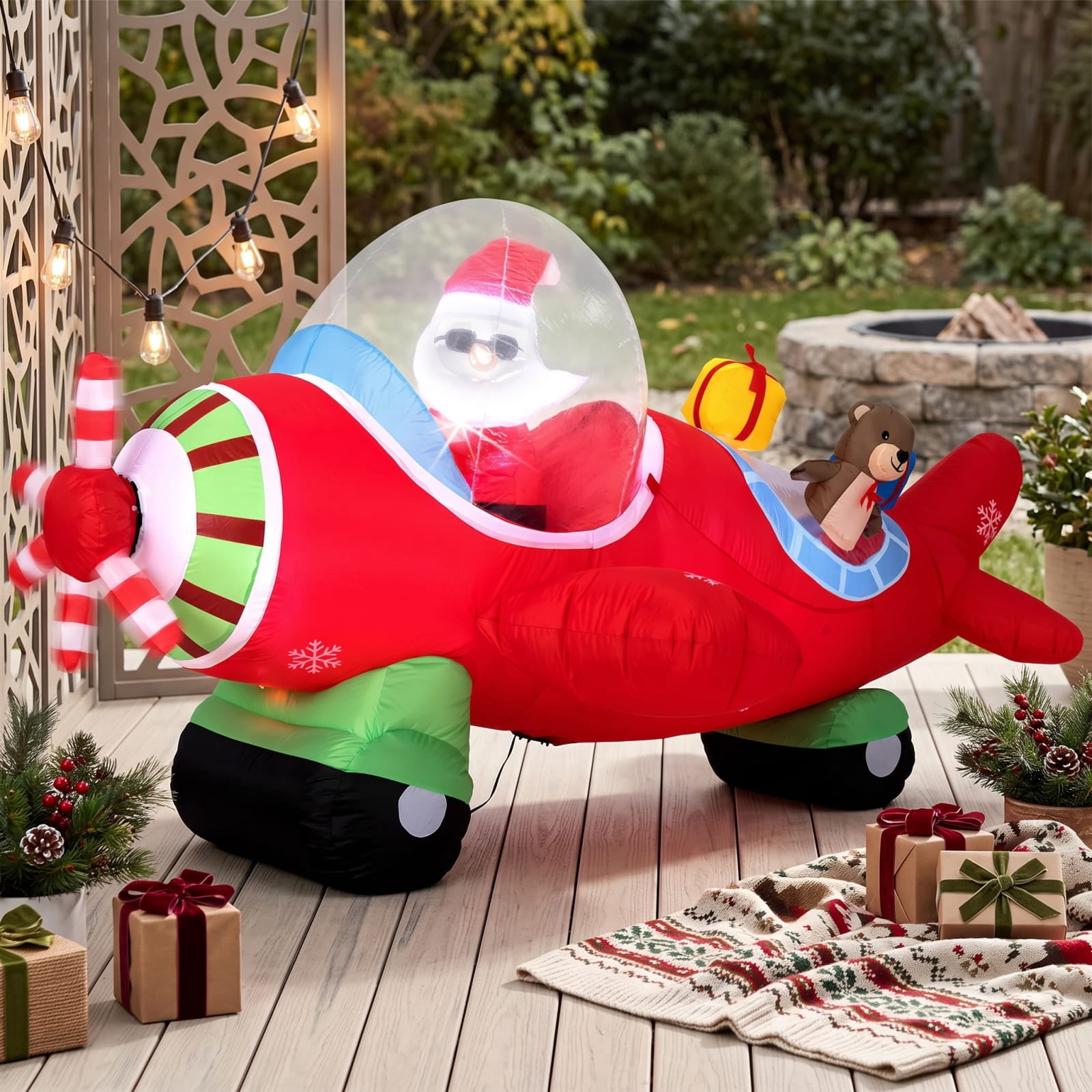 RUIE 7.2 FT Christmas Inflatables, Blow Up Santa Airplane with Bear and Gift Boxes, LED Lighted Outdoor Yard Decorations for Lawn - Multicolor