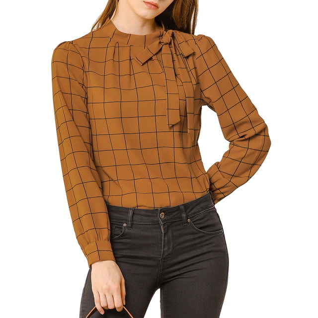 INSPIRE CHIC Hauts pour Femmes pour le Travail Carreaux Col à Nœud Papillon Manches Longues Blouses L Brun