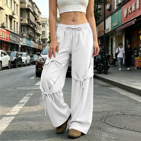 Women's Sweatpants Long Pants Baeitkot Women's Fashion Solid Color Loose Elastic Waist Drawstring Ankle-Tied Multi-Pocket Strap Sweatpants Long Pants White L