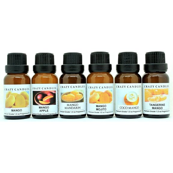 Crazy Candles 6 Bottles Set, Mango, Mango Apple, Mango Mandarin, Mango Mojito, Coco Mango, Tangerine Mango 1/2 Fl Oz Each (15ml) Premium Grade Scented Fragrance Oils