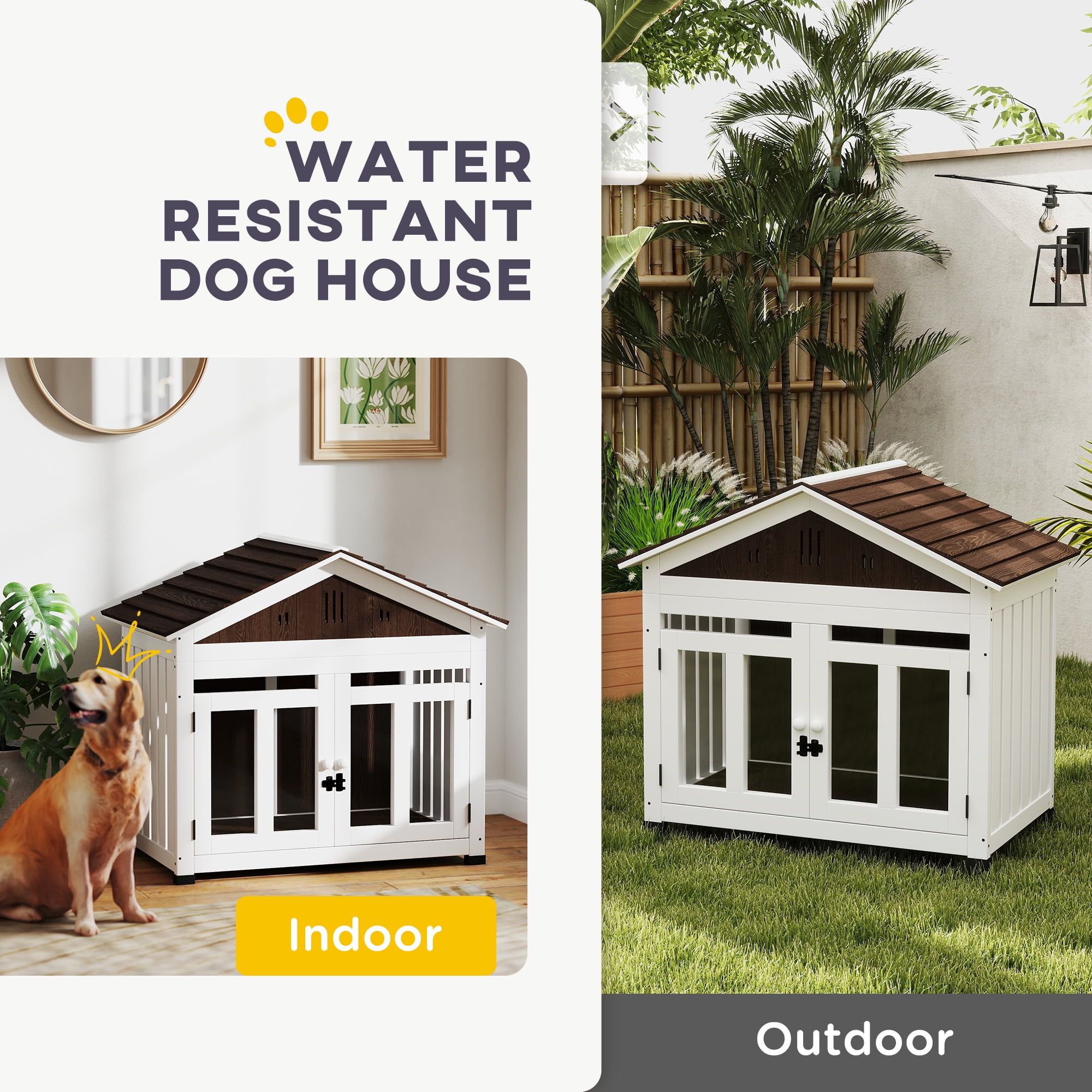 PawHut 40"L Dog House Outdoor Indoor, Wooden Dog Kennel for Small, Medium, Large Dogs, with Air Vents & Elevated Removable Floor, Magnetic Doors