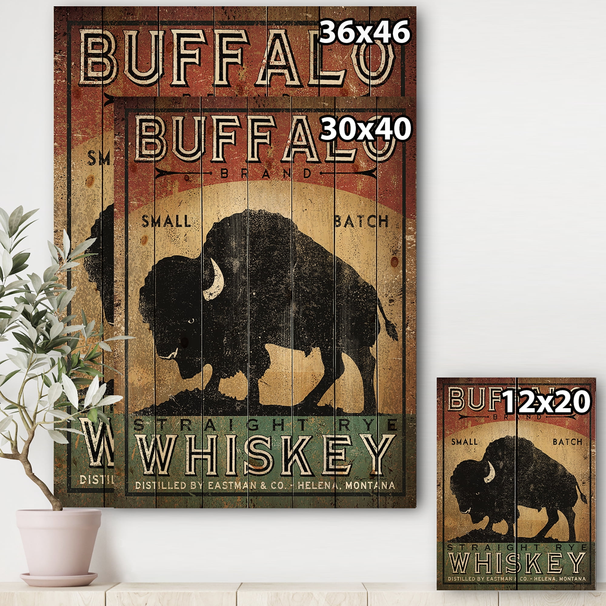 Designart 'Vintage Buffalo Whiskey' Wildlife Print on Natural Pine Wood