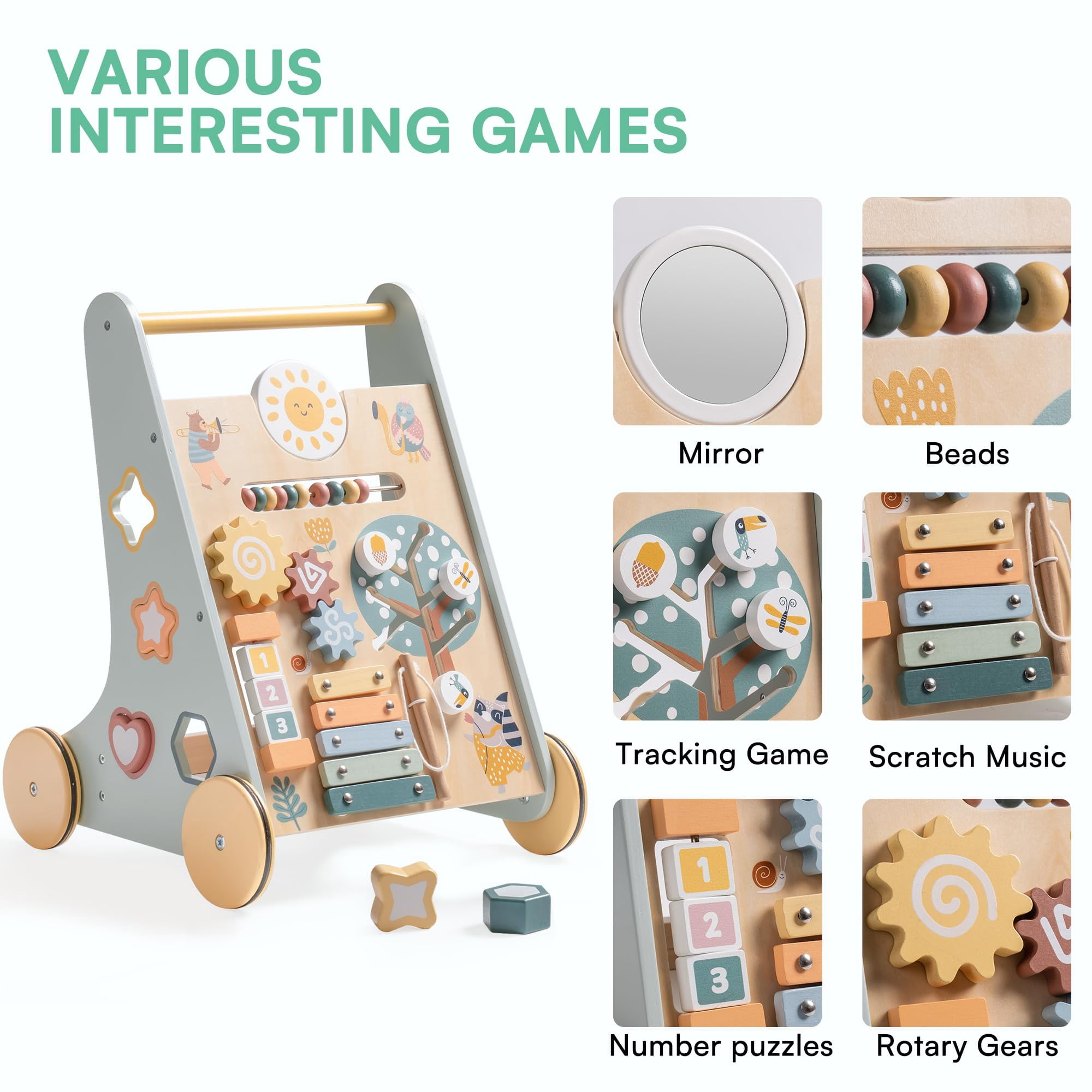 Robud Wooden Baby Walker, with Wheels, Montessori Push Toys for Babies Learning to Walk, Baby Walkers Activity Center for Boys and Girls
