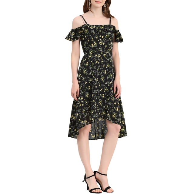 INSPIRE CHIC Robe Midi Évasée à Fleurs pour Femme à Bretelles Spaghettis à Volants S Noir Jaune