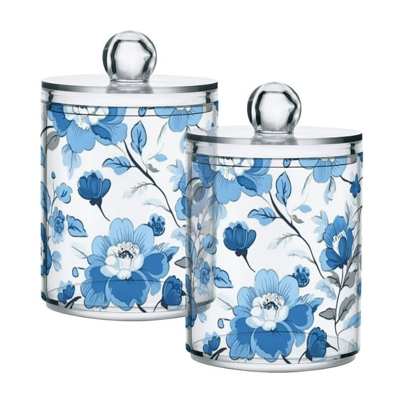 Blue Floral Pattern Cotton Swabs Cans Translucent Plastic Canisters Dustproof Lid for Bathroom Storage