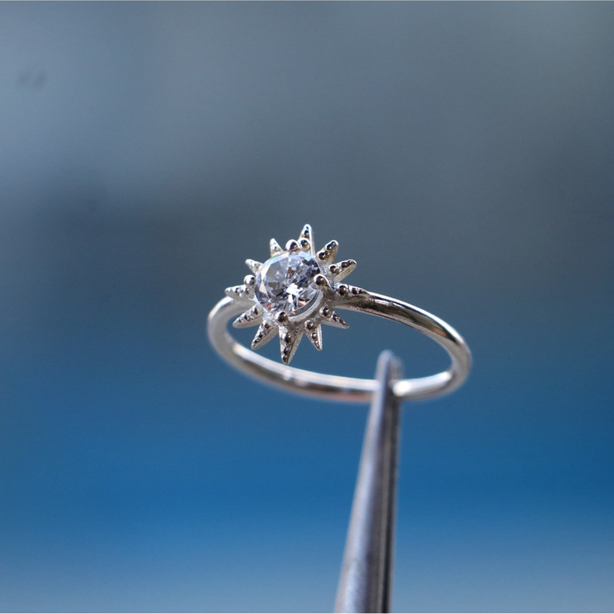 Celestial North Star Ring – Moissanite Diamond Alternative – Starburst Engagement Ring – 925 Sterling Silver Wedding Ring