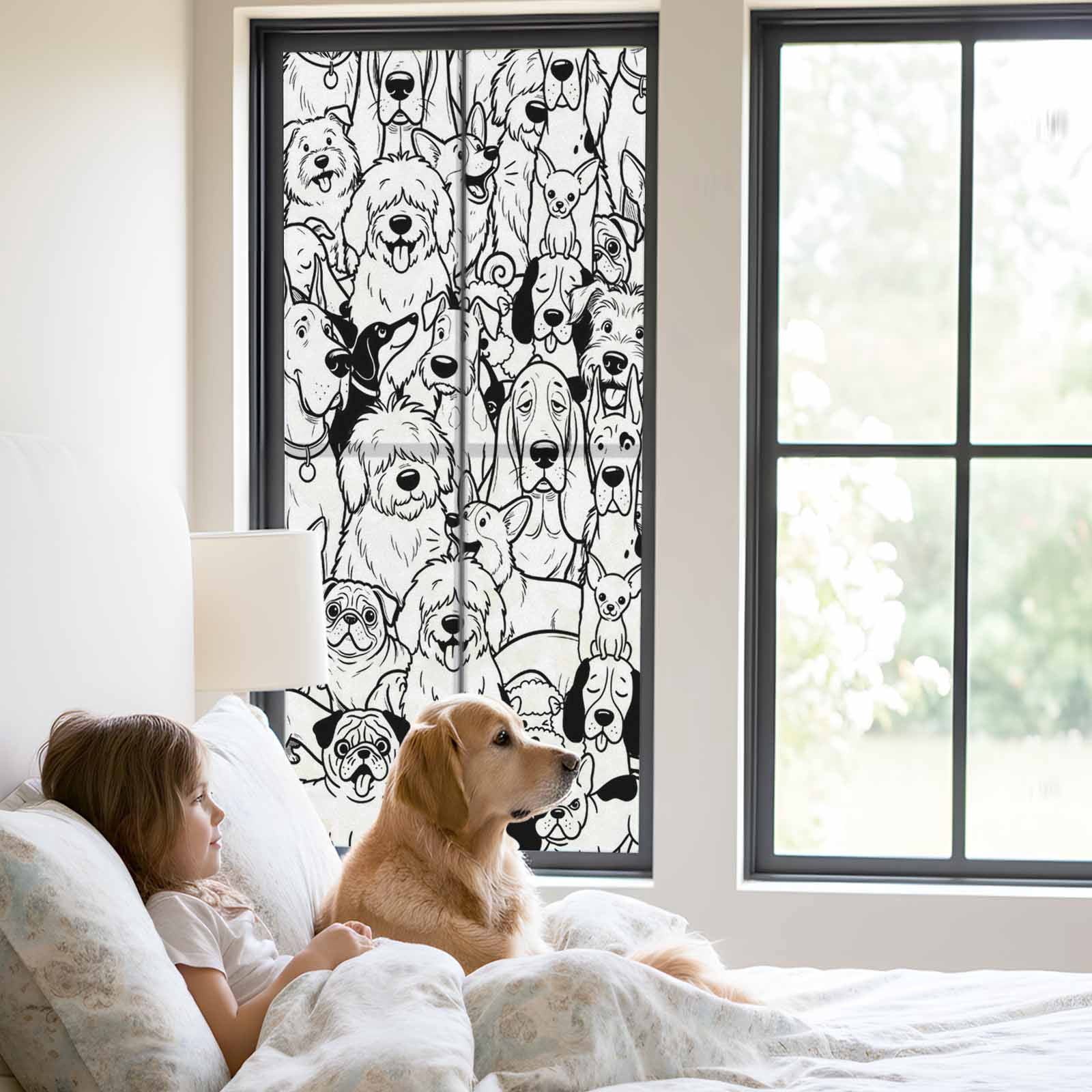 Cute Dag Window Privacy Film, Black White Lines Puppy Cartoon Animal Abstract Frosted Glass Window Clings Static Cling UV Heat Blocking Reusable Door Sticker for Bathroom 23.6 x 59 Inch
