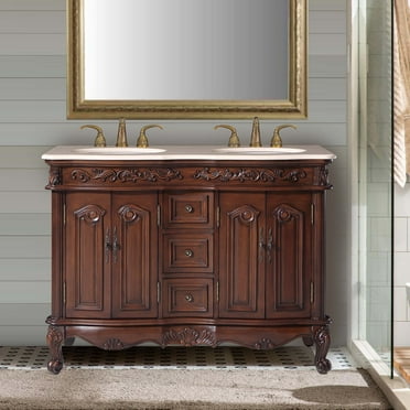 48" Cream Marfil Marble Counter Top Bathroom Vanity Double Sink Cabinet