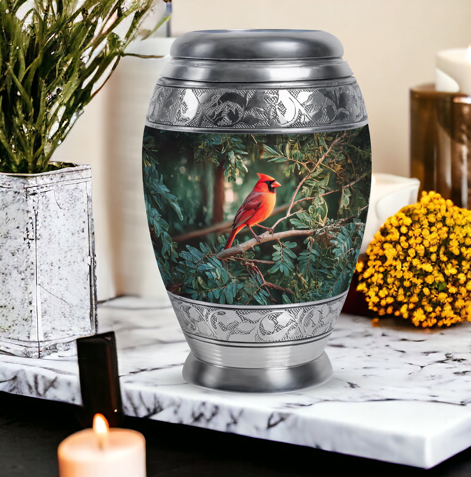 Cardinal Bird Funeral Urns For Adult Male, Large Green Cremation Urns For Human Ashes Adult Female, Memorial Urn For Mom, Leaf Burial Urn For Human Ashes, 10 Inch