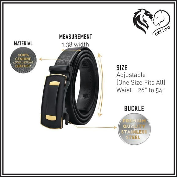 Celino Black & Gold Adjustable Ratchet Slide Buckle 100% Genuine Leather Belt for Men, One Size Fits All, Made in Europe