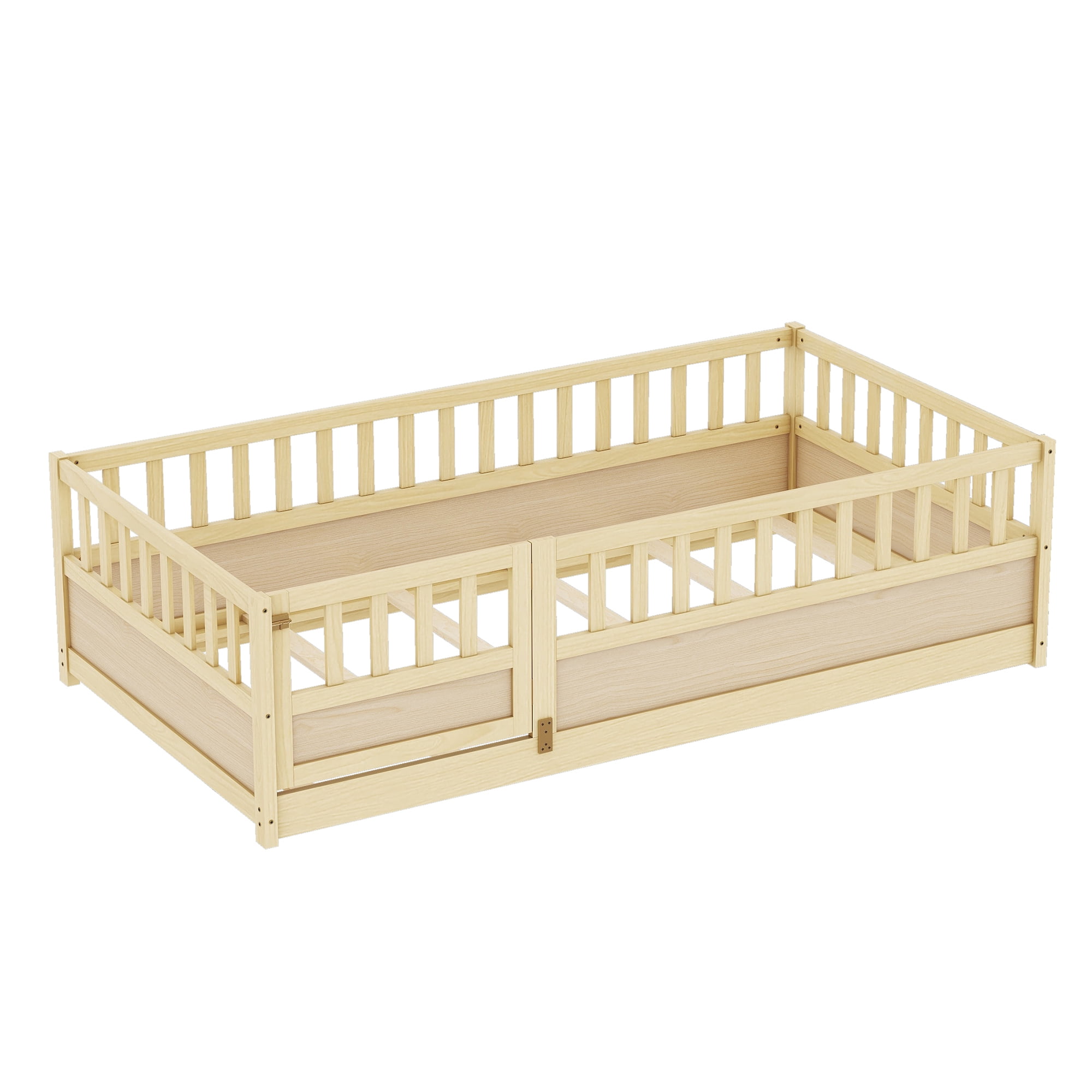 Kumix Floor Bed Twin Size with Door and Fence, Bed for Aged 1-3, Wooden Floor Bed with Safety Guardrails for Bedroom, Twin Floor Bed Frame for Girls & Boys, No Box Spring Needed, Natural