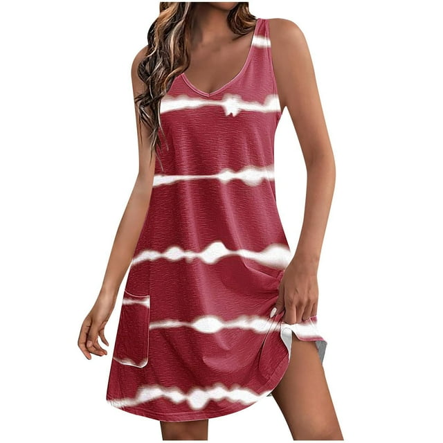 Penkiiy Robe d'Été Décontractée pour Femmes avec Poches Robe de Plage Bohème d'Été Robe T-Shirts Florale Robe Débardeur Ample Col en V 2TG Rouge