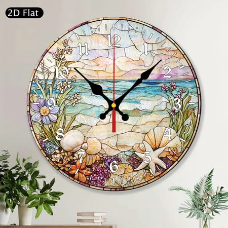 Stained Glass Beach Palm Tree Sunset Starfish Coastal Round Wall Clock Wall Decor Summer Lover Bridesmaid Bridal Gift