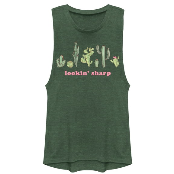 Junior's CHIN UP Looking Sharp Cactus  Festival Muscle Graphic Tee Pine Green Heather X Small