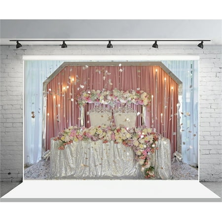 Image of Polyester 7x5ft Wedding Ceremony Backdrop Romantic Flowers Table Photography Background Bride Girlfriend Lovers Couple Artistic Portrait Nuptial Deco