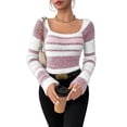 thumbnail image 3 of Women'S Pullover Striped Knit Square Neck Sweater Color Block Long Sleeve Cute Trendy Fuzzy Sweaters Pink XS, 3 of 10