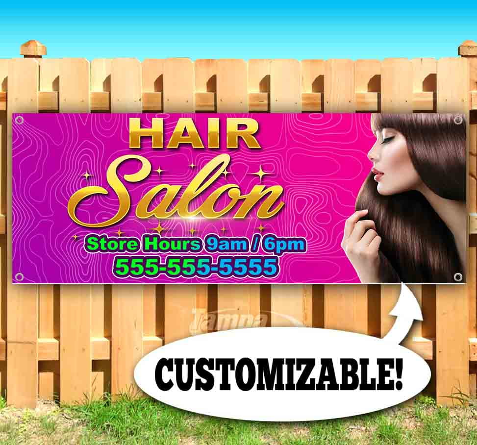 Non-Fabric Heavy-Duty Vinyl Single-Sided with Metal Grommets Hair Salon Customizable 13 oz Banner Non-Fabric Heavy-Duty Vinyl Single-Sided with Metal Grommets Hair Salon Customizable 13 oz Banner