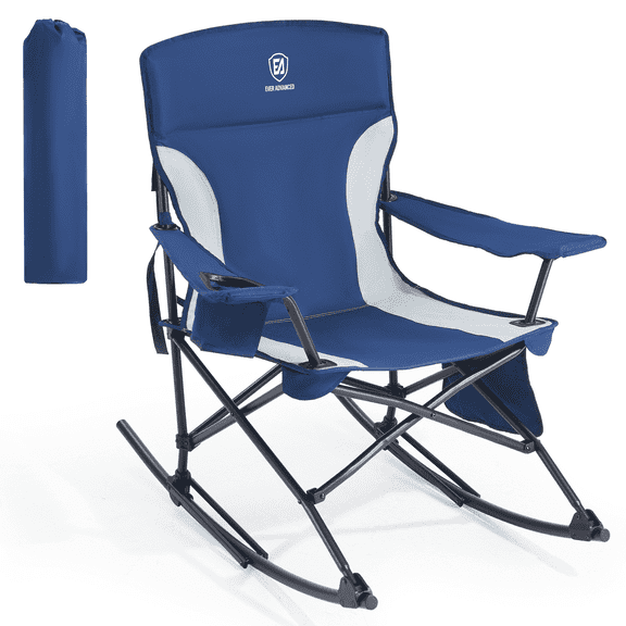 EVER ADVANCED Rocking Camping Chair, Portable Folding Rocker for Outdoor with Cup Holder Side Pocket and Carry Bag, Supports 300LBS, Blue&Gray