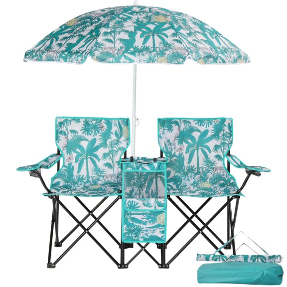 2-Seat Folding Chair with Removable Sun Umbrella, Portable Camping Chair with Storage Pocket and Cup Holders, Outdoor Beach Chair for Beach, Patio, Park, Pineapple Pattern