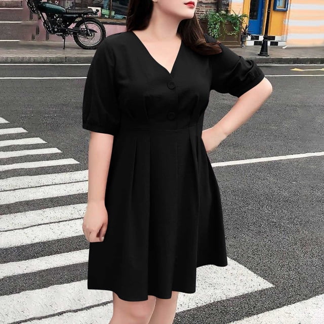mfyjkho Vestidos de tallas grandes, Vestido de mujer de primavera y verano con cuello en V, manga corta, color liso, hasta la rodilla. Vestidos para invitadas de boda para mujer xl