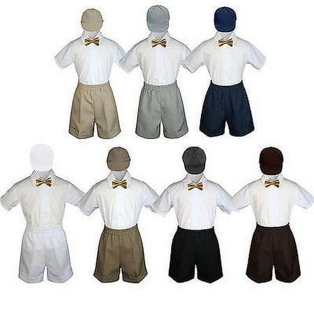 

4pc Set Boy Toddler Formal Gold Bow Tie White Navy Khaki Shorts + Hat S-4T