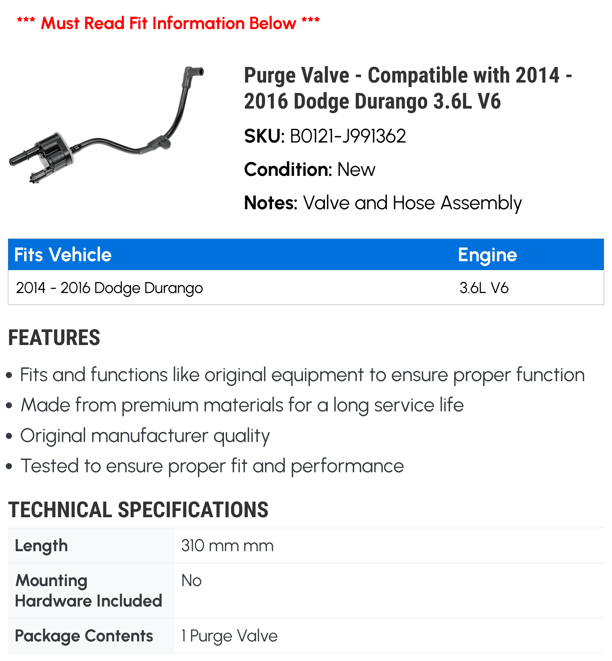 Purge Valve - Compatible with 2014 - 2016 Dodge Durango 3.6L V6 2015