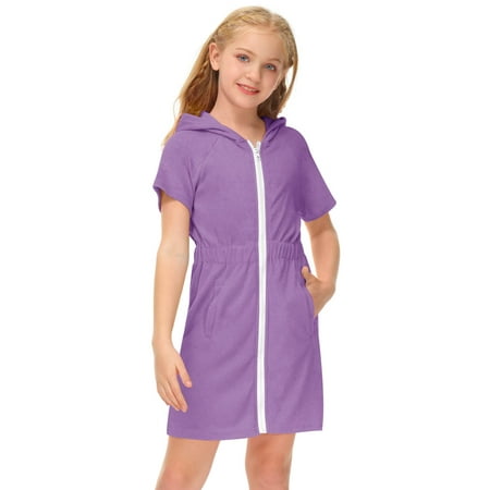 

BesserBay Zip Up Short Sleeve Terry Coverups Purple Swim Robe with Hood for Big Girls 11-12 Years