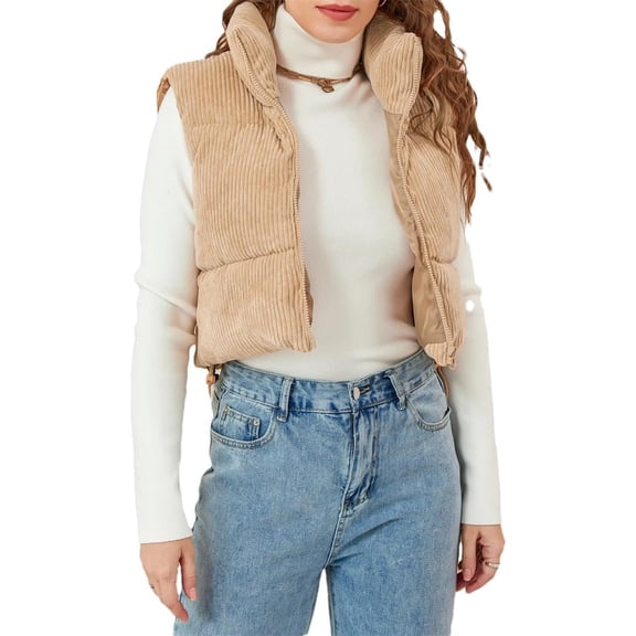 Women Winter Warm Crop Waistcoat Sleeveless High Stand Collar Lightweight Crop Puffer Gilet Outerwear B Khaki L