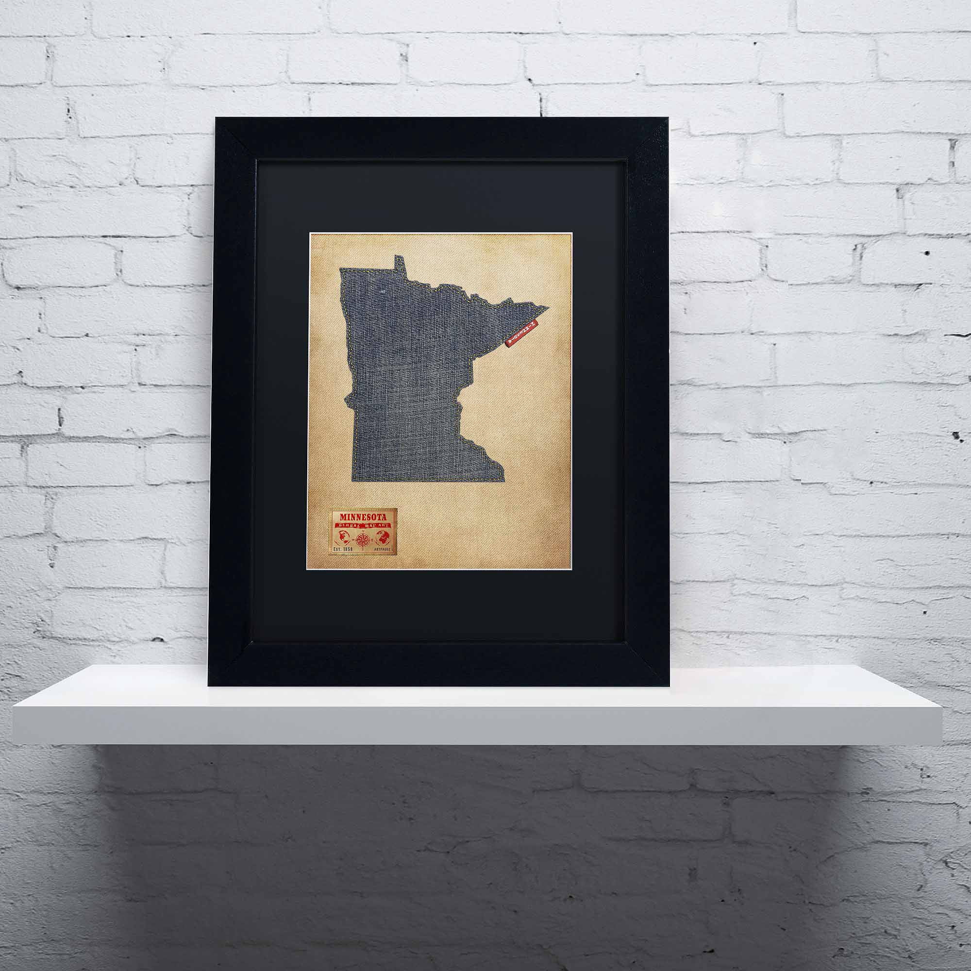 Trademark Fine Art "Minnesota Map Denim Jeans Style" Canvas Art by Michael Tompsett, Black Matte, Black Frame
