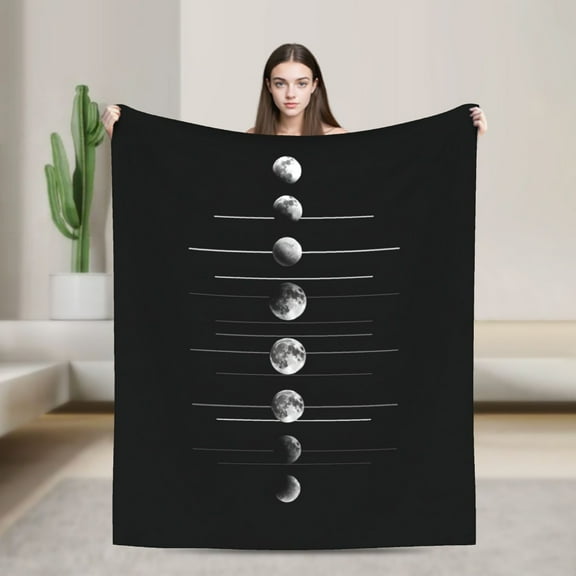 Lunar Phase Design Flannel Throw Blanket - Heavyweight 280GSM Soft & Lightweight All-Season Blanket, Elegant Moon Phases (New Moon, Lunar, Full Moon) - Perfect for Couch, Bed, Travel, Gifts - Astrono