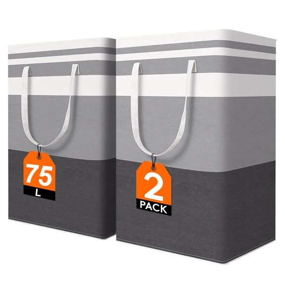 2 Pack Large Laundry Baskets, Freestanding Waterproof Laundry Hampers, Collapsible Clothes Hamper with Easy Carry Handles & Reinforced Stitching, for Laundry Room, Dorm, Bathroom, Bedroom, 75L, Grey