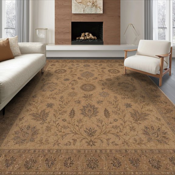 ODIKA 8'x10' Washable Area Rug Warm Beige Elegance with Floral Medallion Design Intricate Leaf and Blossom for Living Room, Under Sectional, Family , Durable, Non-Slip