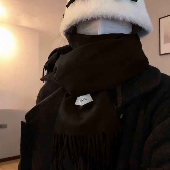 Women's Solid Color Faux Wool Scarf, Thickened Warm Winter Wrap with Tassels, Soft Luxury Feel, Long Knit Scarf, Versatile Cold Weather Accessory, Unisex Design - Black