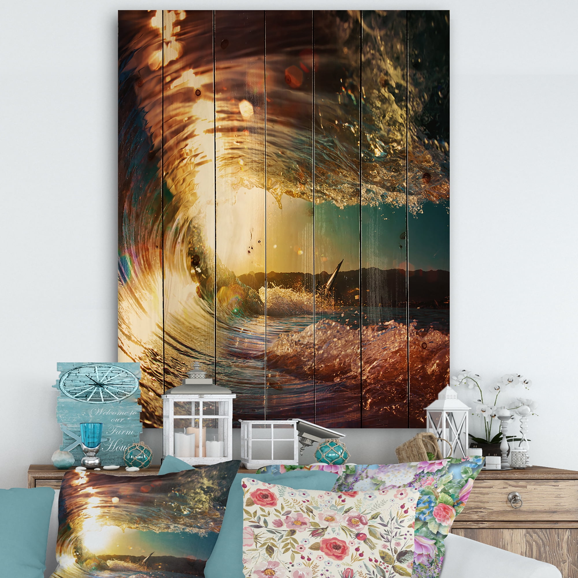 Designart 'Colored Ocean Waves Falling Down At Sunset III' Modern Seashore Print on Natural Pine Wood