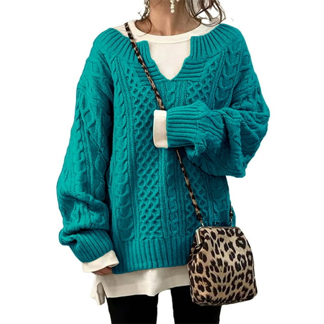 Innerwin Pullover Jumper Tops V Neck Ladies Sweater Work Cable Knit Comfy Knitwear Lake M