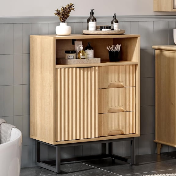 Fluted Bathroom Floor Cabinet with Sliding Door, Modern 3 Drawers Storage Organizer with Black Metal Base Adjustable Shelf Wood Storage Cabinet Freestanding for Bathroom Kitchen Dining Room