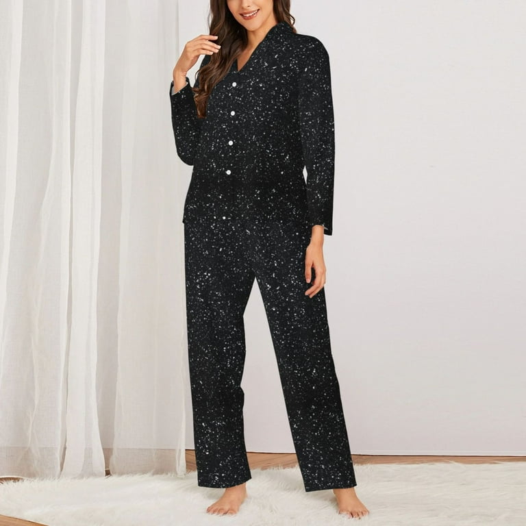 Junzan Black Glitter Print Womens Pajama Sets Long Sleeve Button Down For Women Pjs 2 Piece Walmart