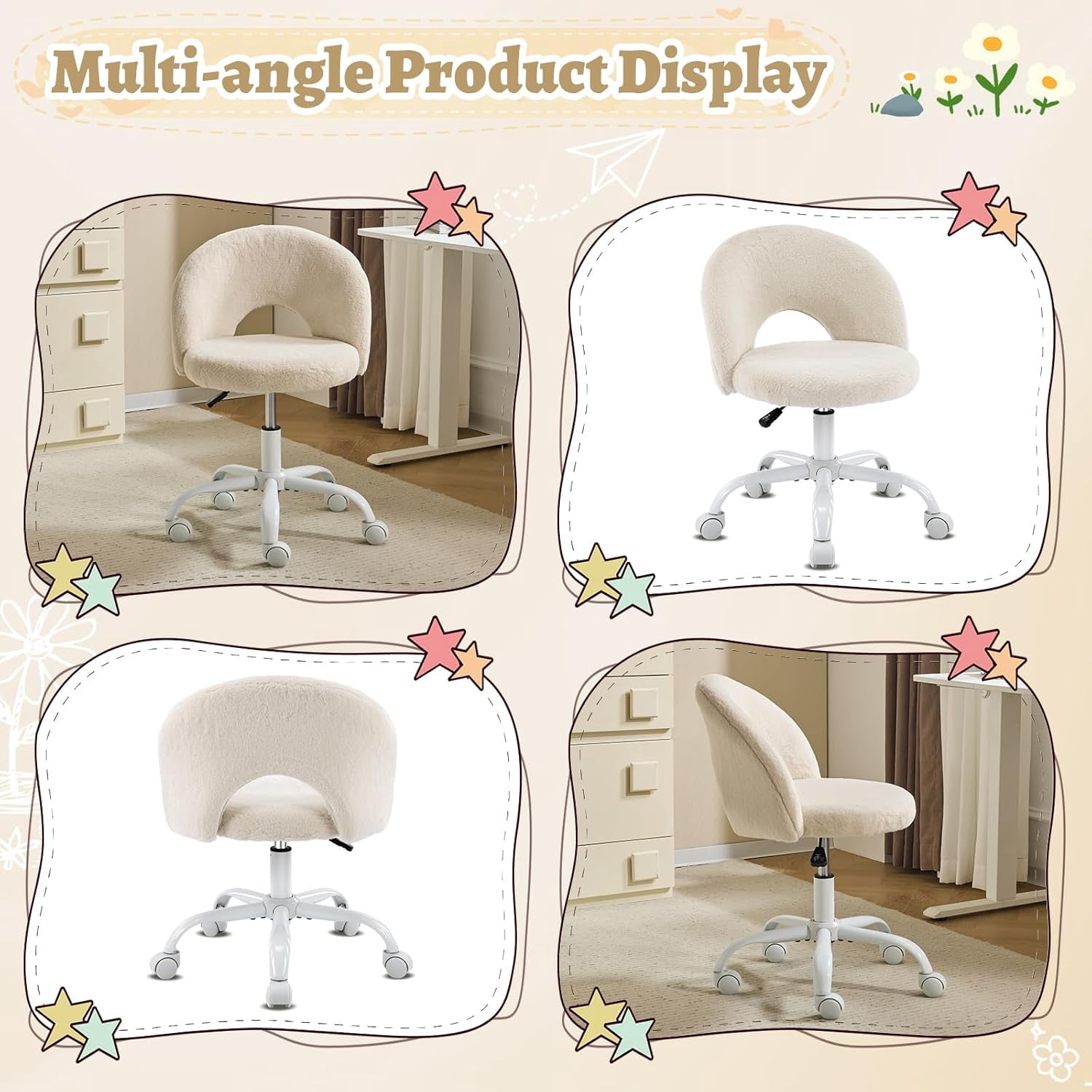 VINGLI Small Vanity Chair with Wheels for Girls.Cute Modern Adjustable Height Armless Office Desk Chair.360°Swivel Comfy Rolling Chair for Study, Make up Room,Small Space,Linen White