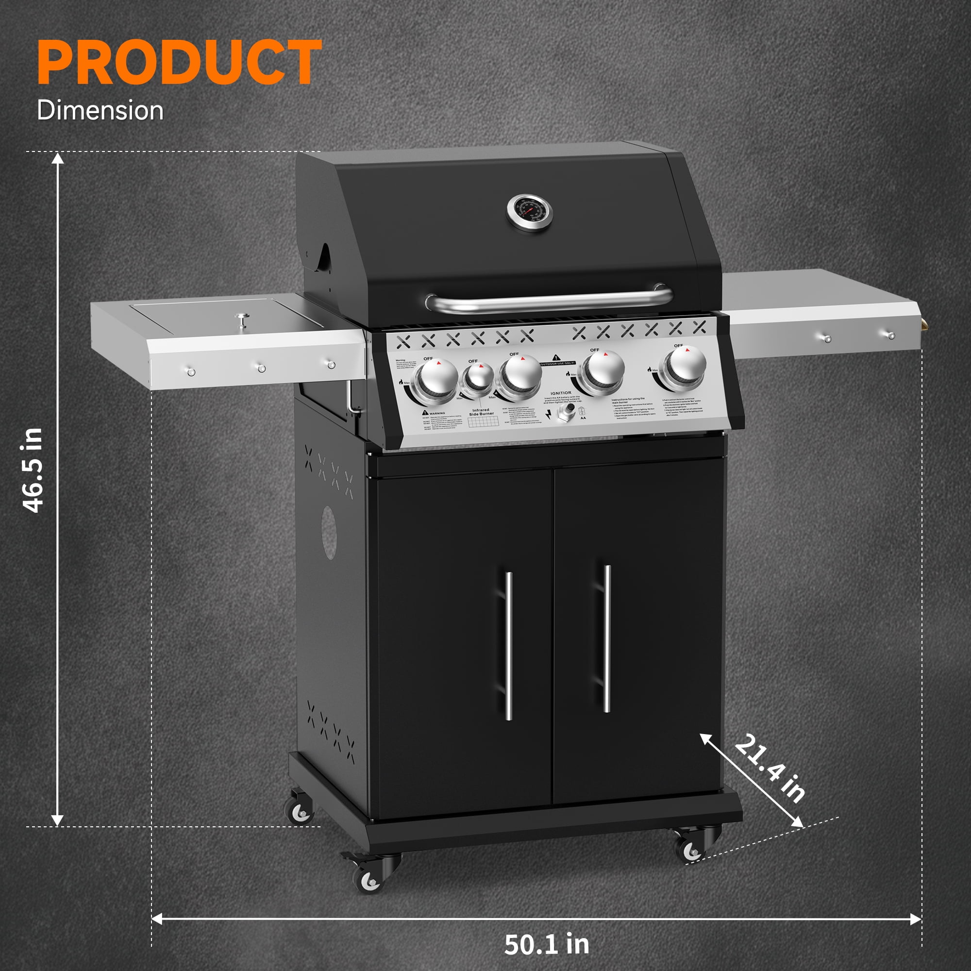 SKOK 4-Burner Propane Gas Grill with Infrared Side and Rear Burners - 60,000 BTU Outdoor Barbecue Grill with Porcelain-Enameled Cast Iron Grates, Patio & Backyard