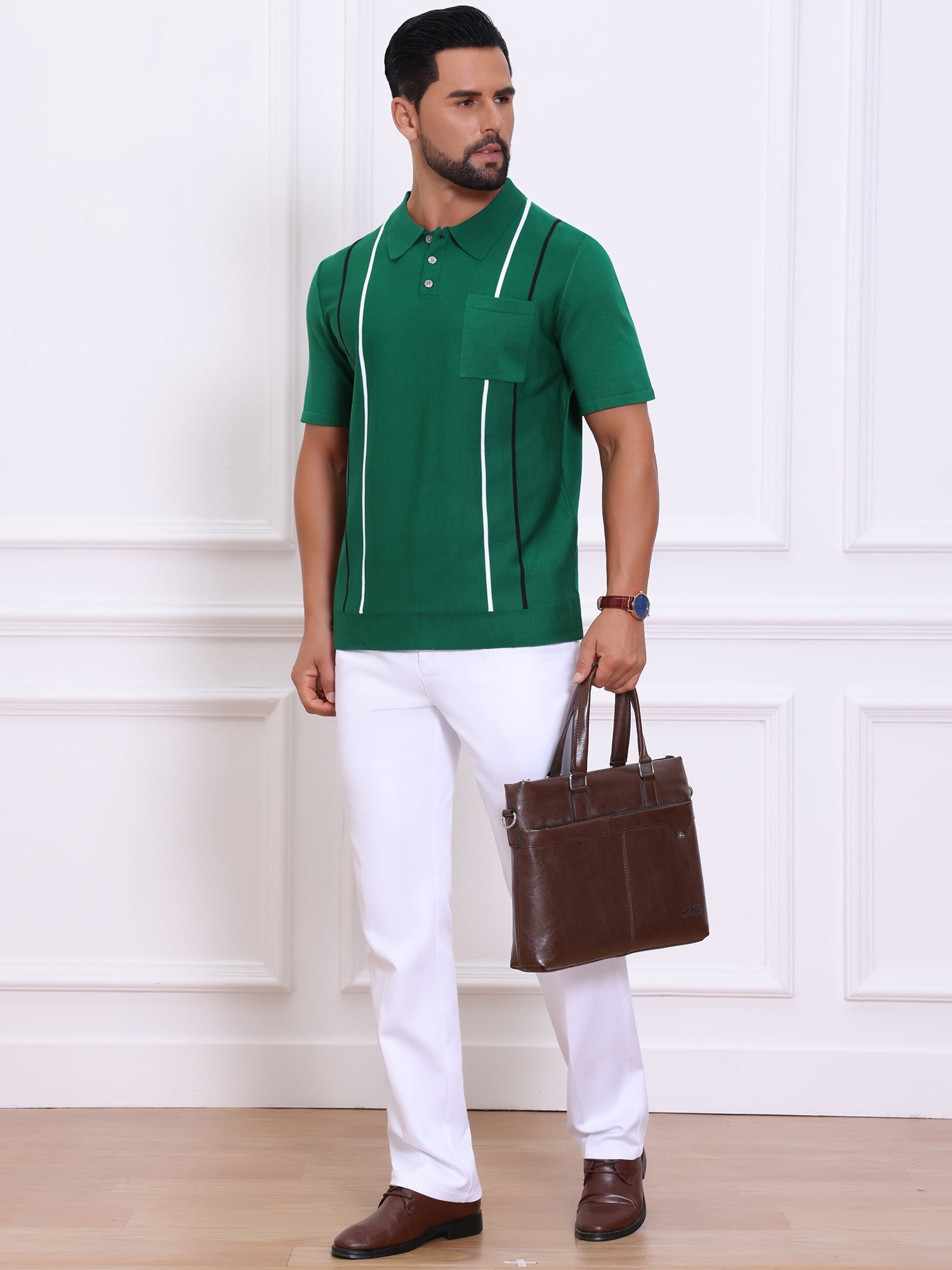 DARING DIVA Men's Striped Knit Chest Pocket Short Sleeve Vintage Golf Shirts L Green