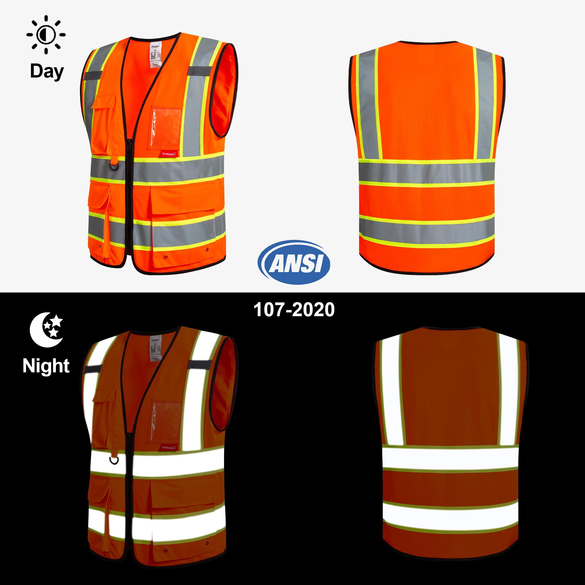 ProtectX Hi Vis Reflective Safety Vest for Men Women High Visibility Construction Work Vest with Pockets Zipper Class 2 Orange Large