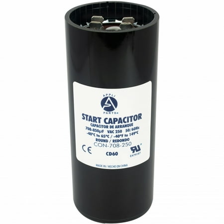

Appli Parts motor start capacitor 708-850 Mfd (microfarads) uF 250VAC universal fit for electric motor applications 1-3/4 in Diameter 4-3/8 in Height CON-708-250