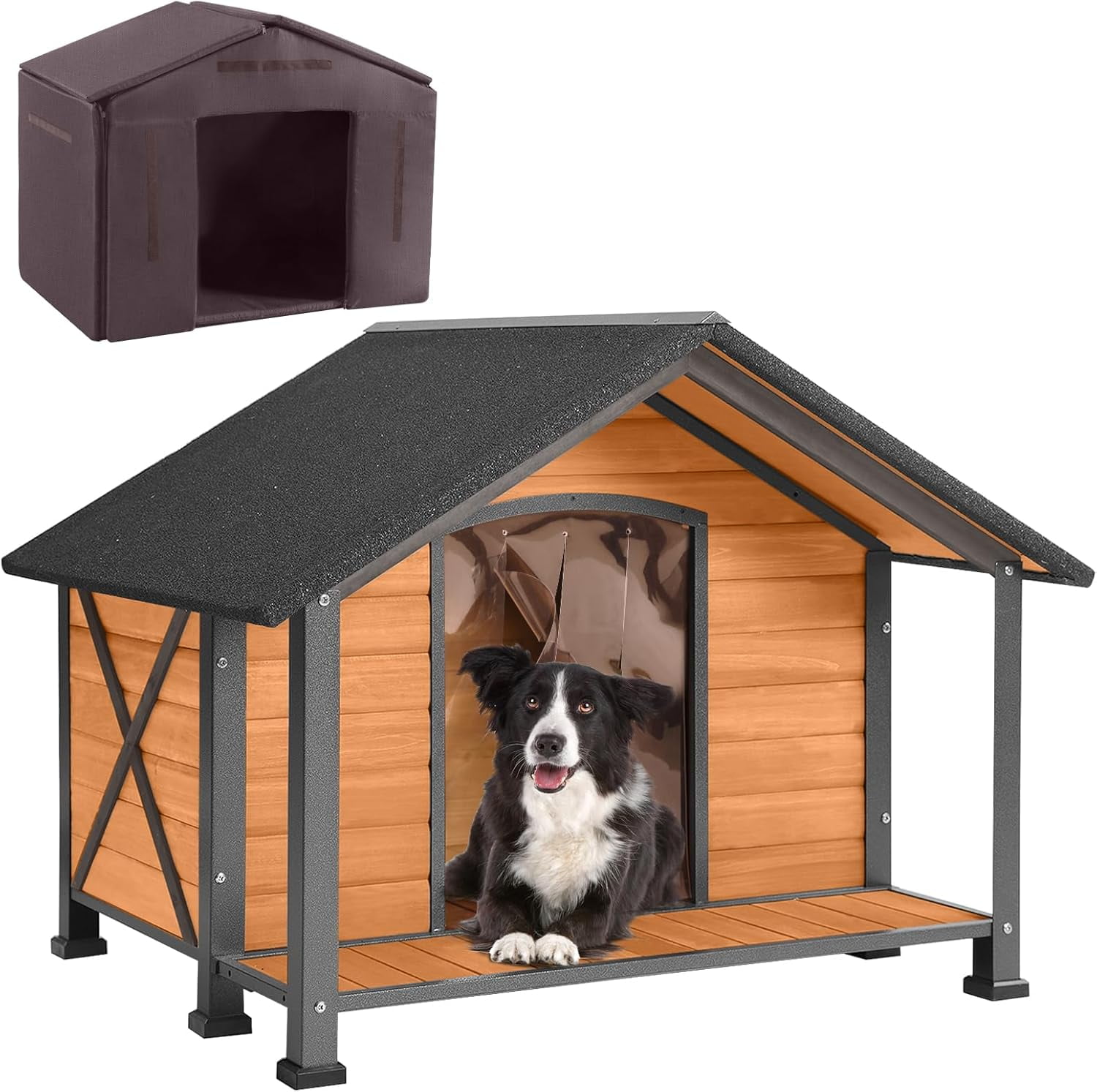 Aivituvin Insulated Dog House with Insulated Liner, Anti-Chewing Iron Frame 34.3" Large Outdoor Dog Kennel for Winter, Weatherproof