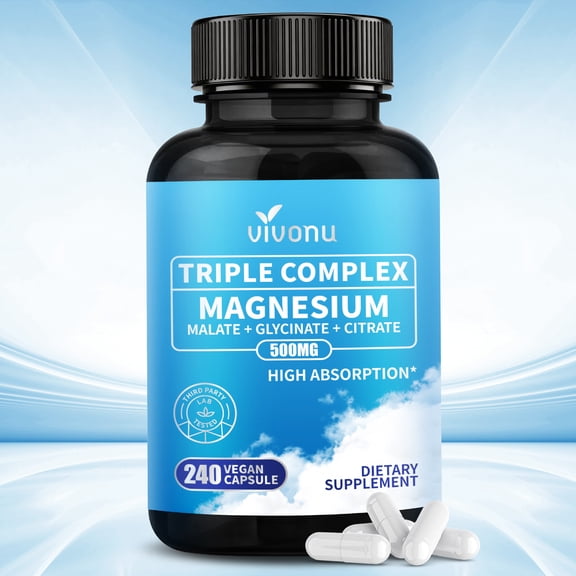 VivoNu Magnesium Capsules Triple Complex 500mg for Women and Men, 3-in-1 Magnesium Glycinate, Malate, Citrate, High Absorption Chelated Magnesium Supplement, Vegan Capsules