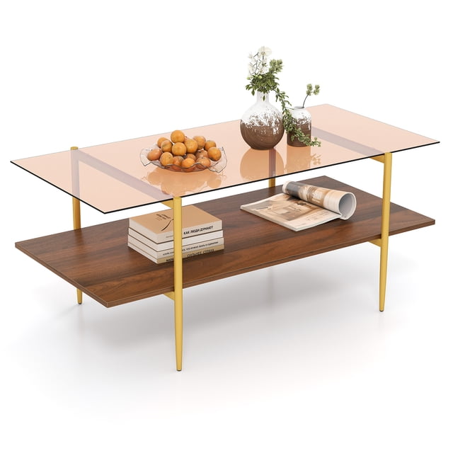 Gymax 2-Tier Glass Coffee Table w/ Tampered Glass Tabletop & Open Storage Shelf