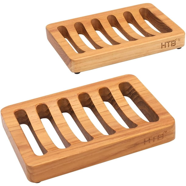 Slotted Bar Soap Holder 2PCS Teak Wood by HTB, Kitchen Wooden Sponge