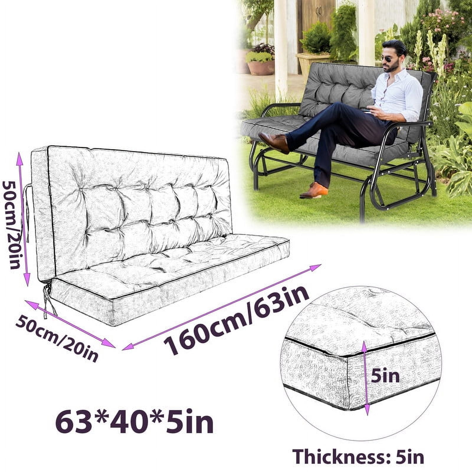 Swing Cushions 3 Seater Replacement, Waterproof Porch Swing Cushions, Thicken 5" Bench Cushions for Outdoor Furniture With Backrest , Patio Loveseat Sofa Pads（bamboo leaves,40*63in）