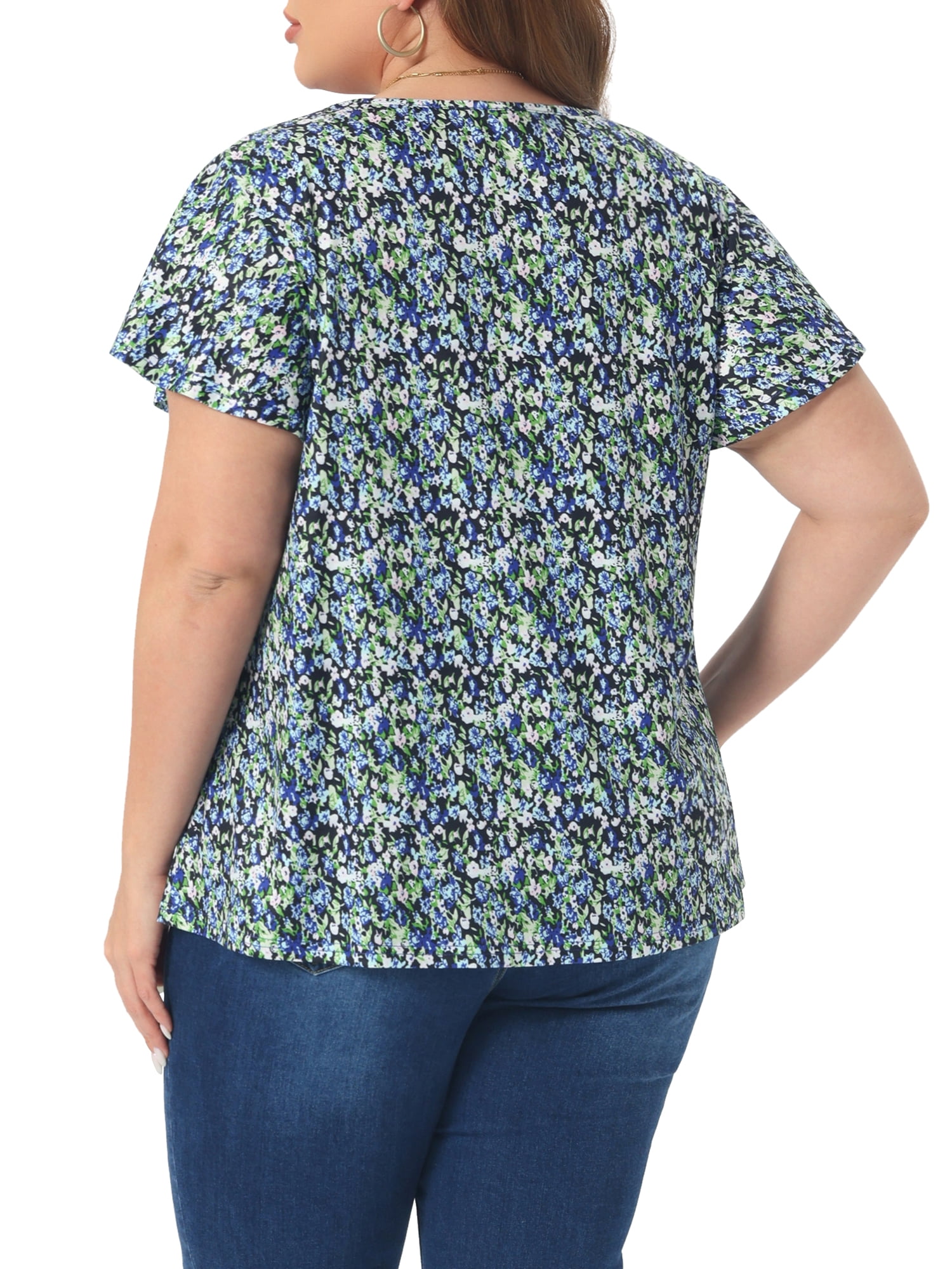 DARING DIVA Women's Plus Ruffle Boho Floral T Shirt 2X Navy Blue