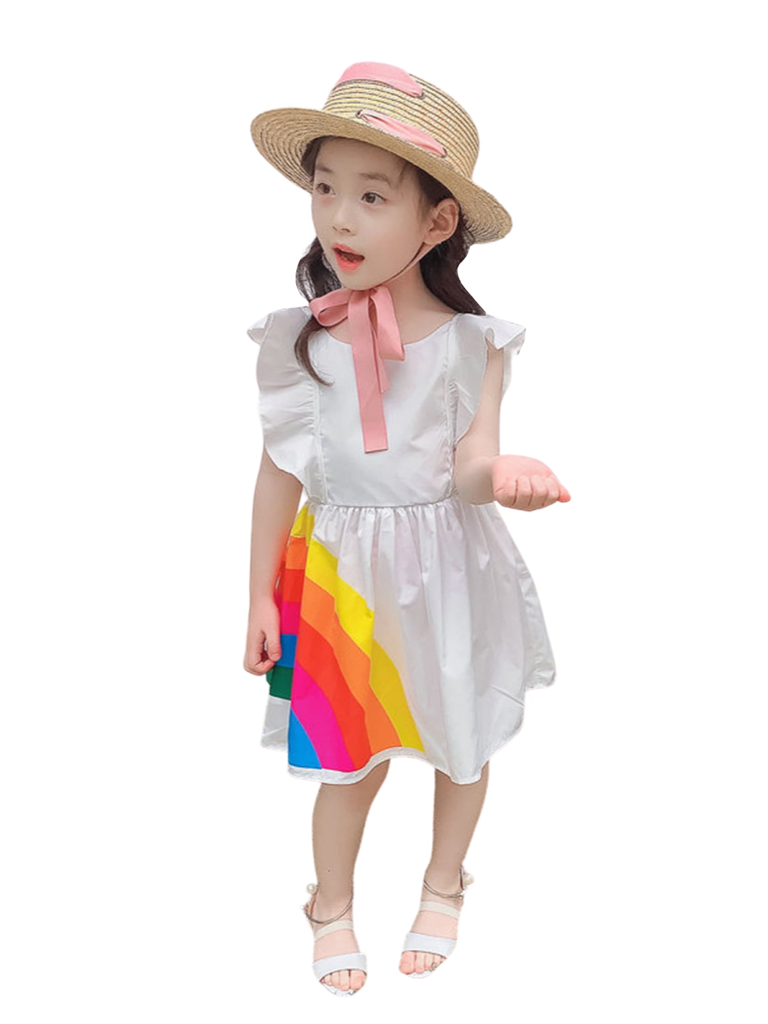 Toddler Baby Girl Rainbow Dress Stripe Ruffle Sleeve A-Line Mini Dress Sundress Casual Dress Summer Clothes 